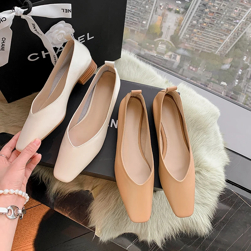 34-40 large size simple women's shoes cow leather square head low heel thick heel cow tendon sole women's shoes