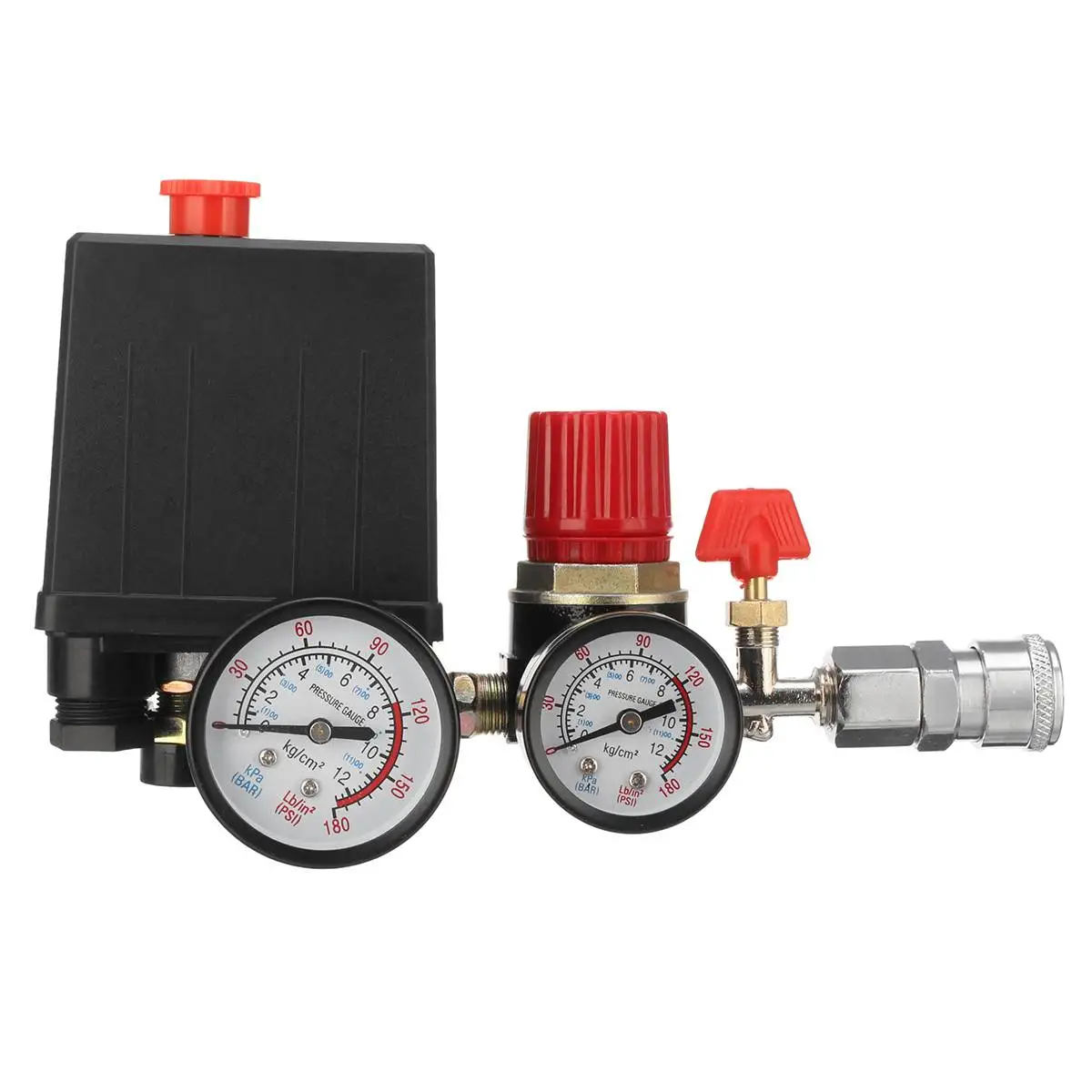 

240V Air Compressor Pressure Valve Switch Control Manifold Relief AC Regulator Gauge 95-125 PSI with 2 Quick Connectors