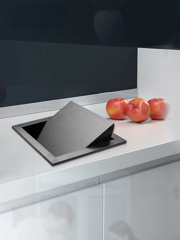 

Cabinet Countertop Stainless Steel Trash Can Embedded Square Flap Kitchen Hidden Desktop Cover Household
