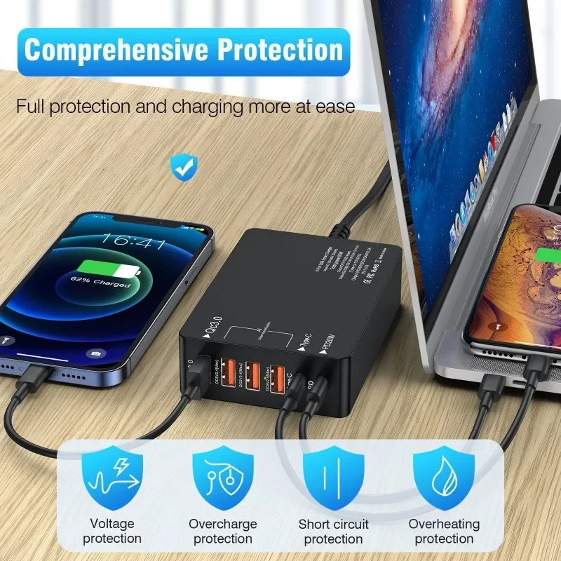 65 Вт 6-портовое быстрое зарядное устройство USB для Iphone 11 12 13 14 Pro Max Carregador Tipo C Oneplus 10