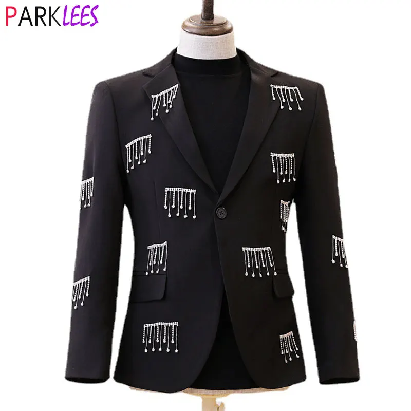 

Stylish Tassel Design Blazer Jacket Men 2022 Spring New Slim Fit One Button Stage Blazers Mens Club Party Singer Costume Homme