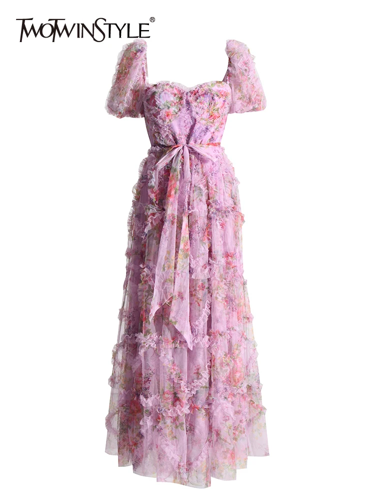 

Женское Сетчатое платье TWOTWINSTYLE, элегантное платье с цветным блочным принтом, квадратным воротником, пышным рукавом и высокой талией, Новинка