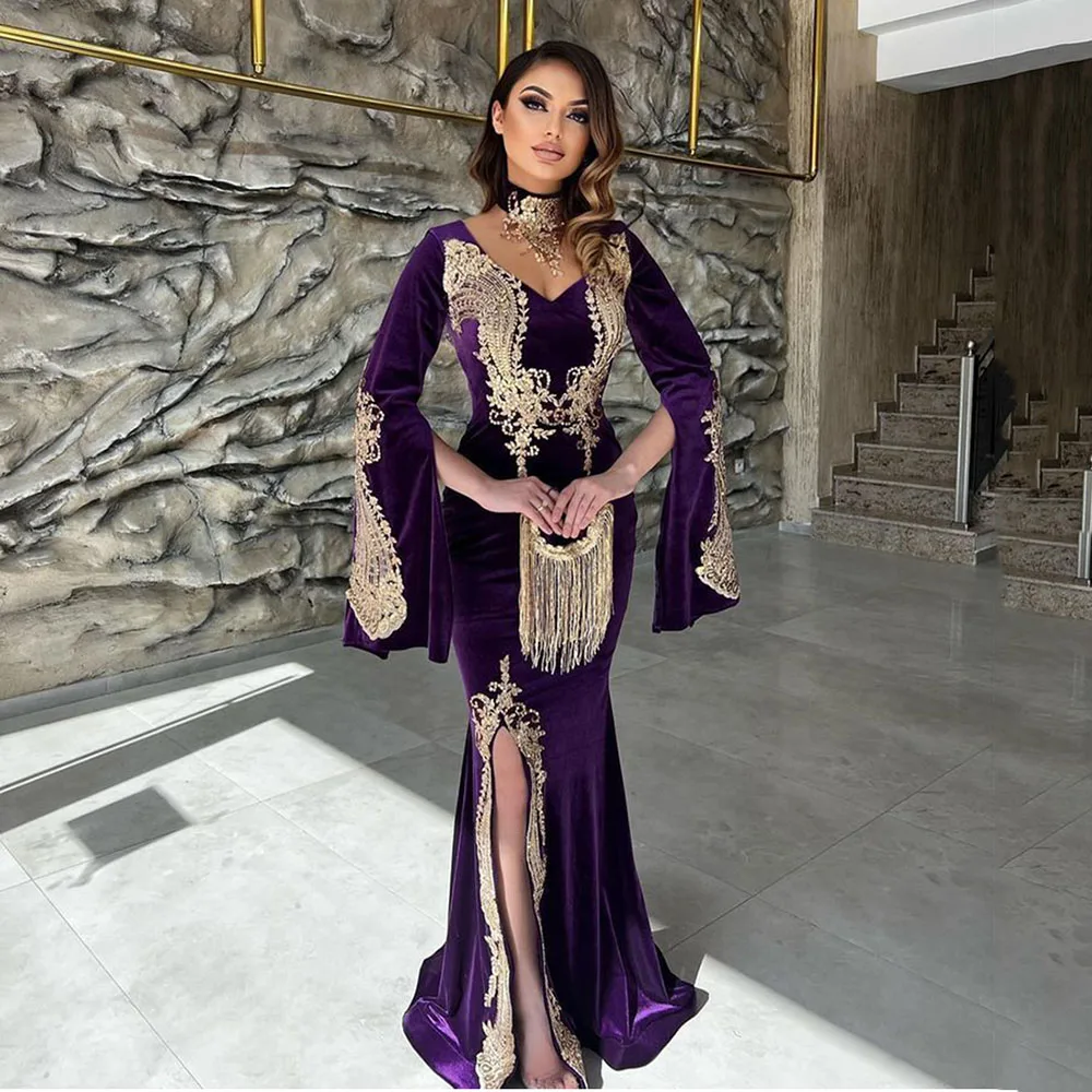 

Msikoods Moroccan Caftan Purple Mermaid Evening Dresses Long Sleeves Prom Party Gowns Velvet Gold Lace Celebrity Formal Dress