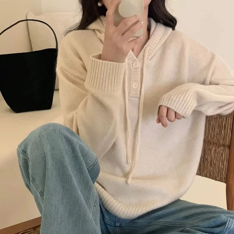 

Милый пуловер, свитер с капюшоном, женский осенне-зимний вязаный свитер с капюшоном и кулиской