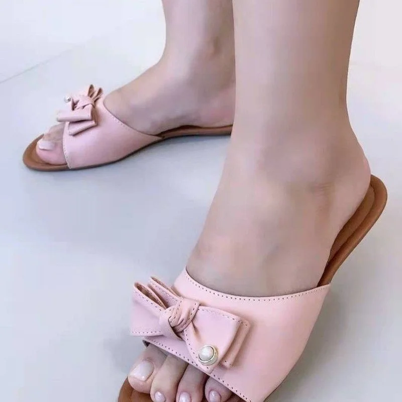 

Summer Women Flat Slippers Fashion Brand Beach Sandals New Woman Shoes PU Leather Bow Flip Flops Slingback Slides Mujer Zapatos