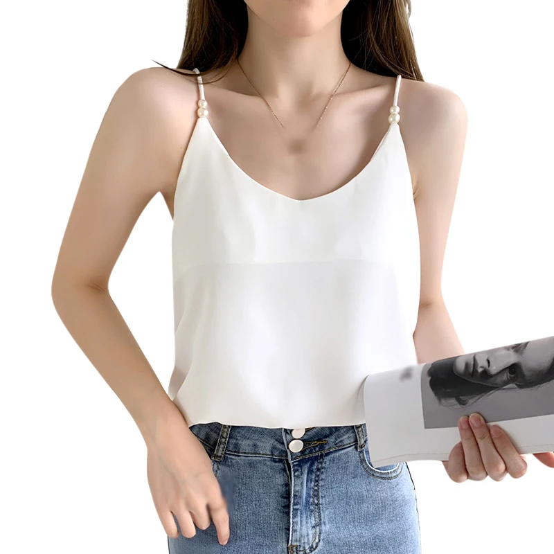 

Casual Chiffon Spaghetti Strap V Neck Solid Color Camisole Casual Base Shirt Sleeveless Tank Top Lightweight Crop Top For Women