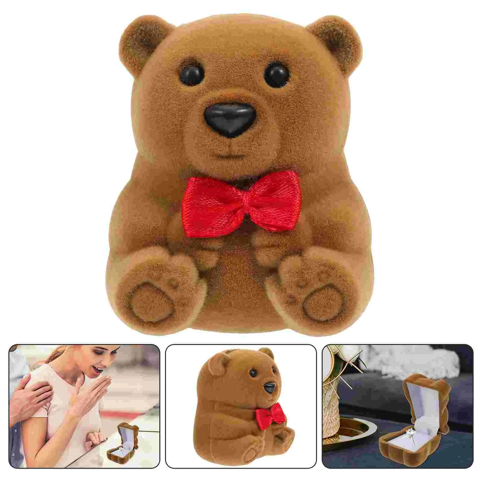 

1pc Bear Ring Box Flannel Bear Shaped Finger Ring Box Jewelry Ring Case for Valentines Day Engagement ( Coffee )