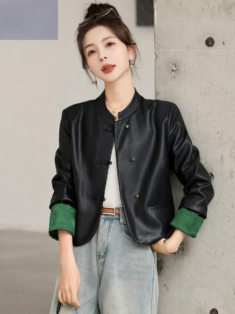 Китайское кожаное пальто Sle National Верхняя одежда Короткая женская 2024 Весна и осень