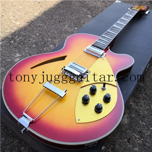 

370 6 струн Cherry Sunburst полупустотелый корпус для электрогитары сингл F отверстие, шахматная обвязка, два выходных разъема, золотой Pickguard