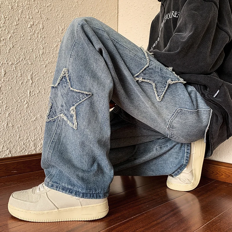 Hip Hop Jeans Men Fashion Embroidery Denim Trousers Baggy Straight Pants Vintage Casual Bottoms Trend Streetwear Male Clothing