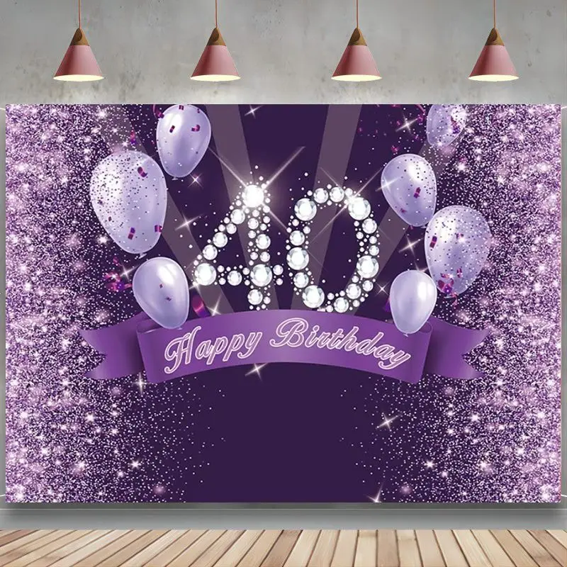 

Glitter Purple Balloons 40th Birthday Party Backdrop Happy Birthday 40 Background Women Forty Cake Table Photography Banner Prop