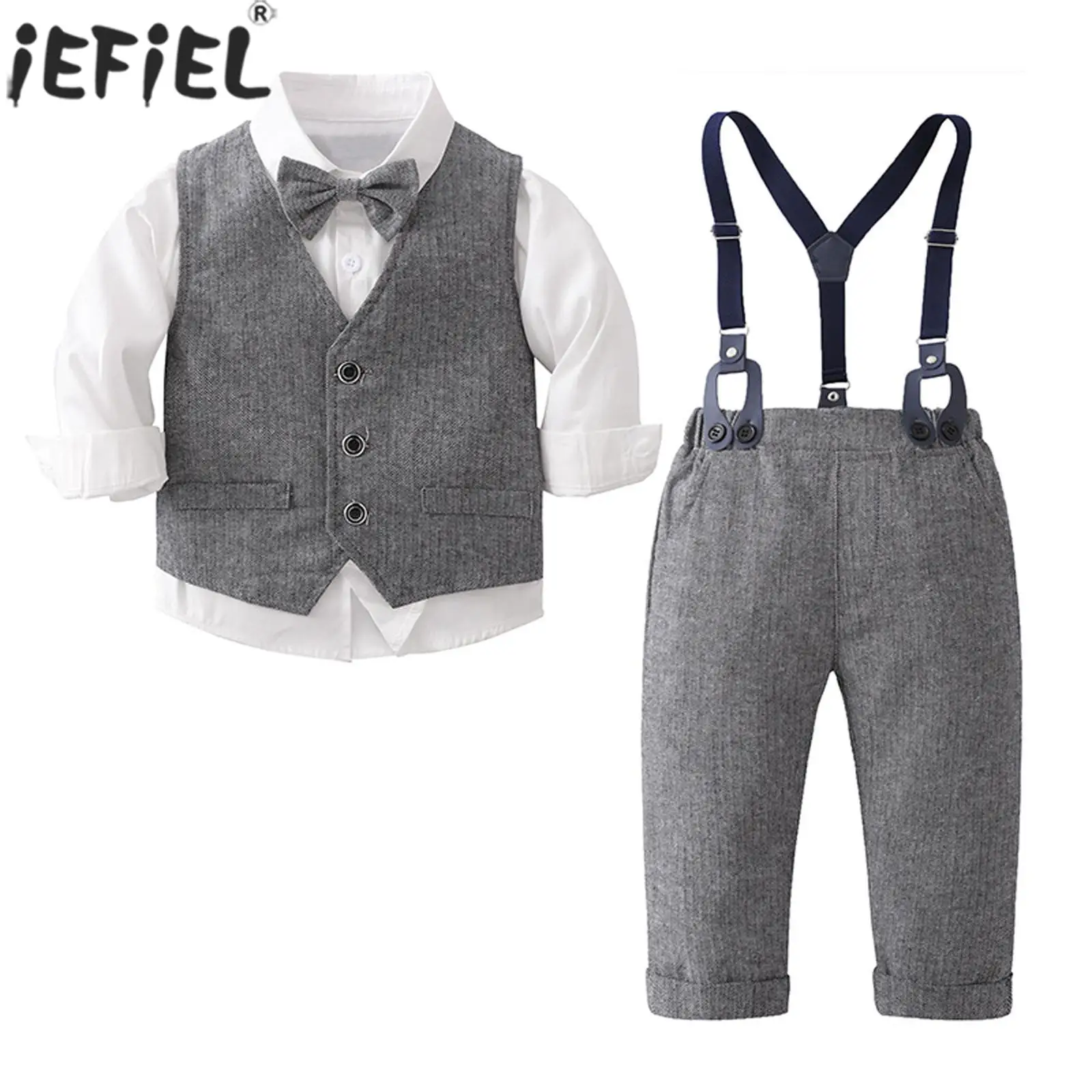 

Детская яркая белая рубашка с жилетом и брюками на подтяжках