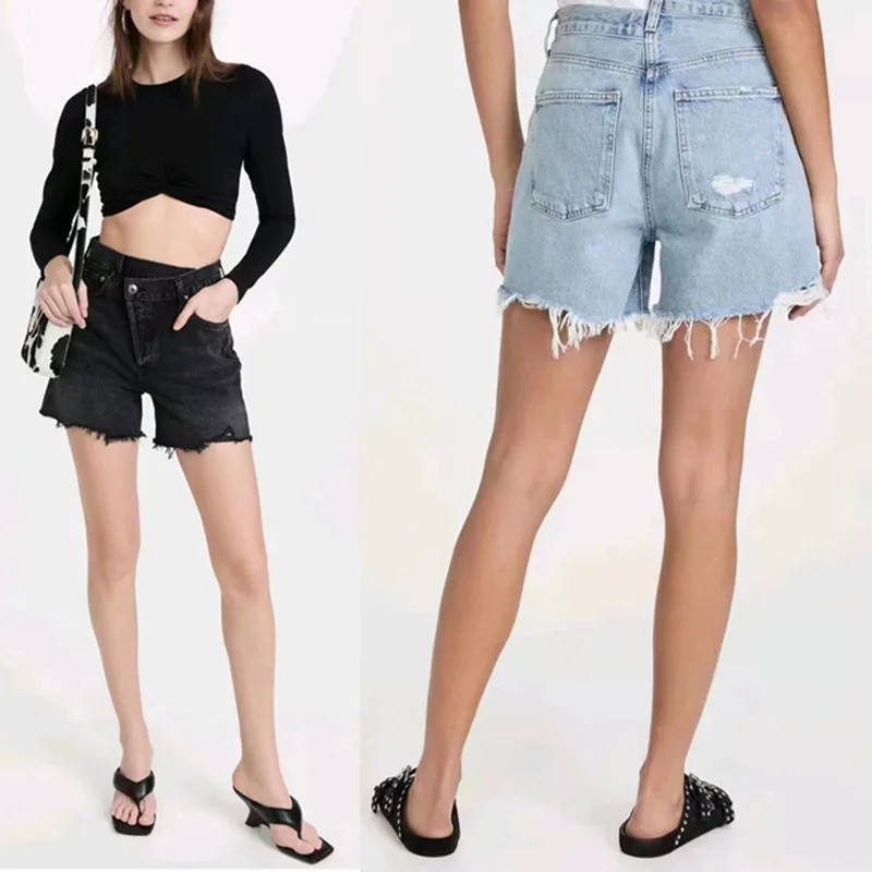 

Summer 2022 Women's Offset Design Denim Shorts Irregular High Waist Solid Color Cotton Shorts