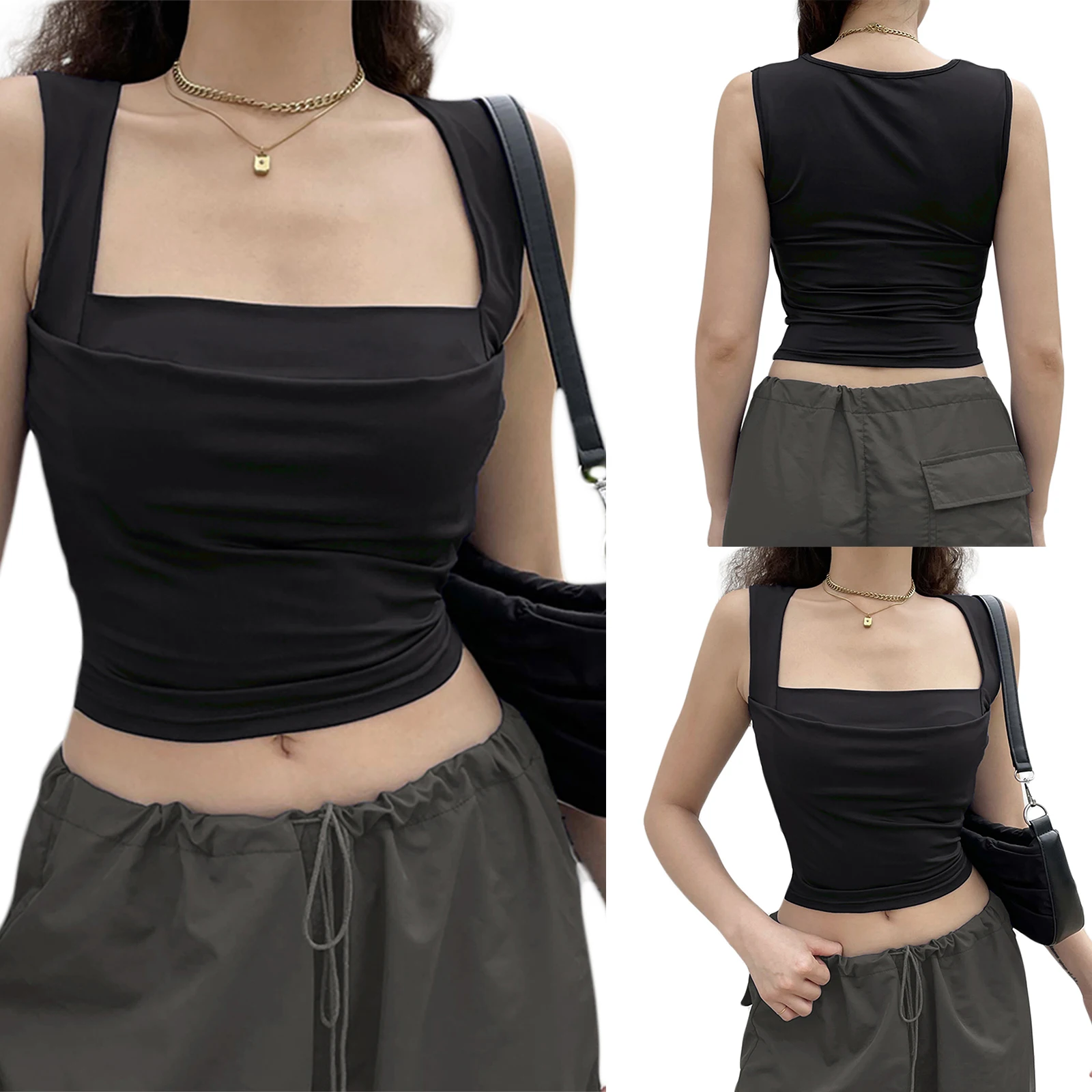 

Women Summer Sexy Suspender Vest Square Neck Sleeveless Solid Color Slim Fit Crop Tank Tops Club Streetwear