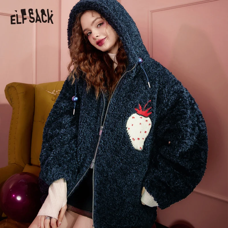 ELFSACK Strawberry Plush Cotton Jackets Women 2022 Winter Thick Casual Coats