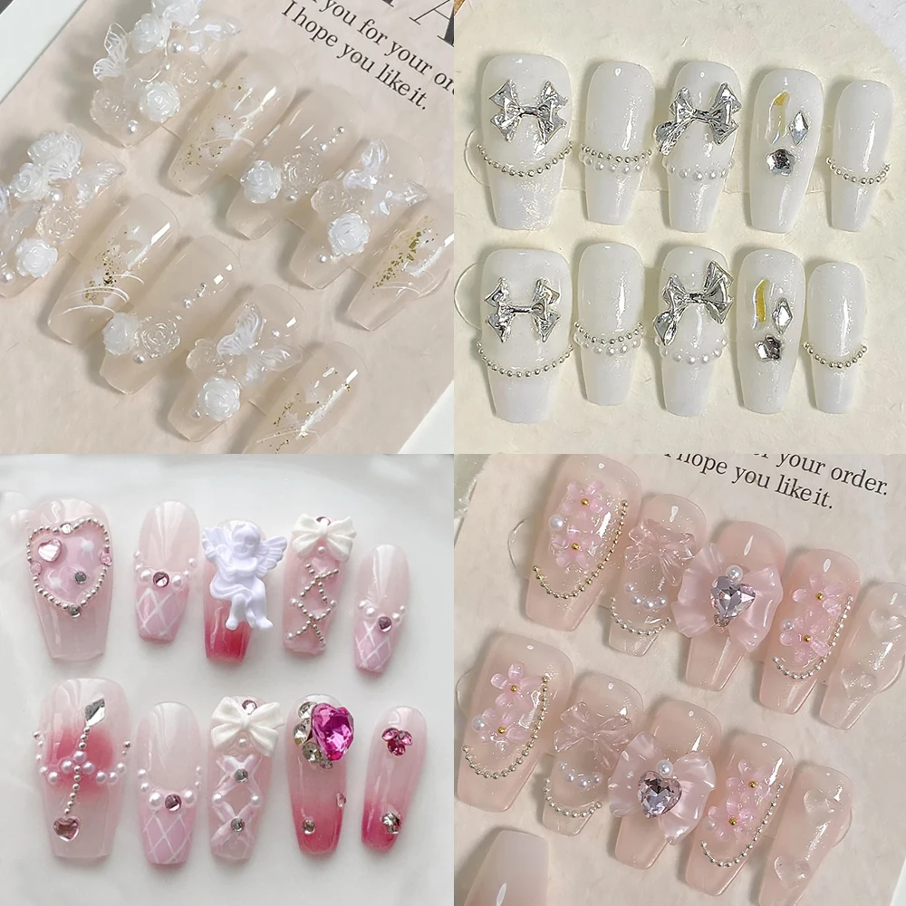 Прозрачные накладные ногти телесного цвета с французским цветком ручной работы