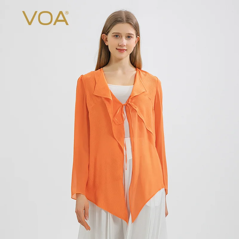 

VOA жаккард Корона Le креп тутового шелка оранжевый длинный рукав на шнуровке жоржет освежающий свободный Шелковый Кардиган Куртка WE180
