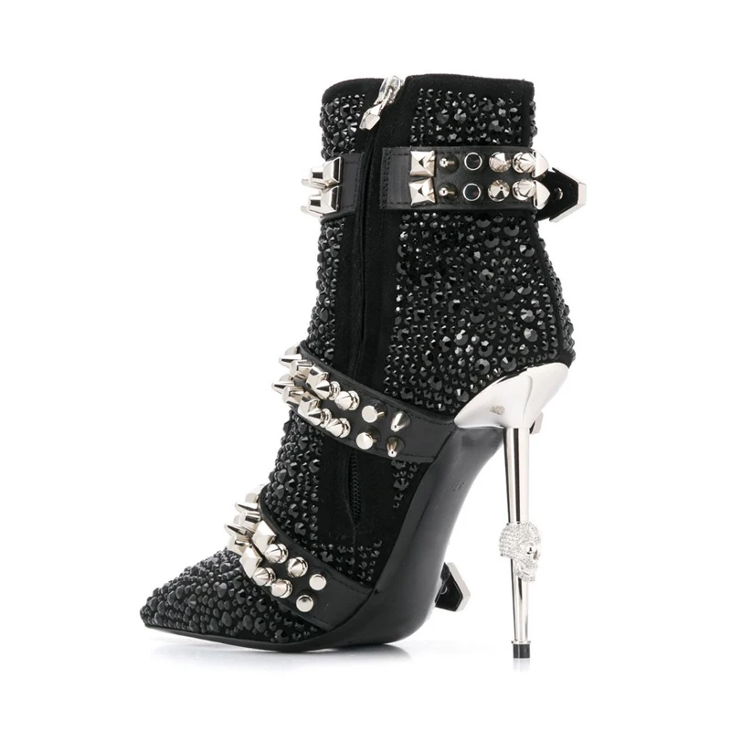Rhinestone Belt Buckle Design Runway Shoe Woman Sexy Pointed Toe Metal Heel Motorcycle Boots Bling Crystal Fashion Short Booties