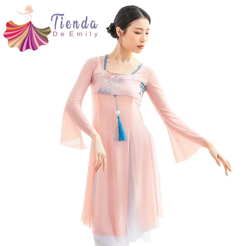 

Classical Dance Body Rhyme Clothing Women Fair Long Gauze Dress Hanfu Chinese Traditional Buckle Button With Tassel Horn Sleeve