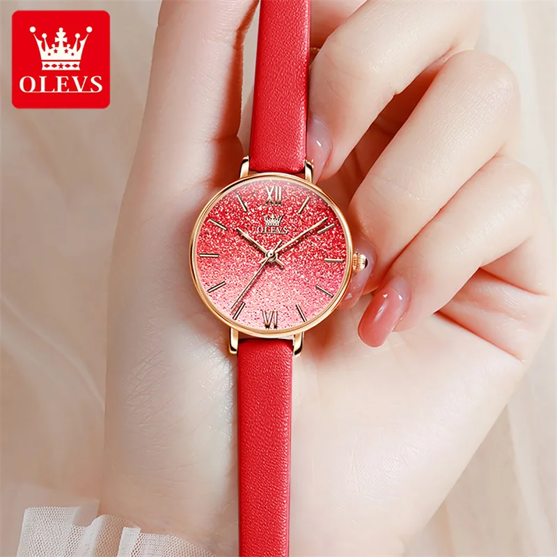 2023 OLEVS Fashion Rose Gold Watch For Women Red Leather Strap Waterproof Ladies Gift Quartz Watch 6643 Reloj Mujer enlarge