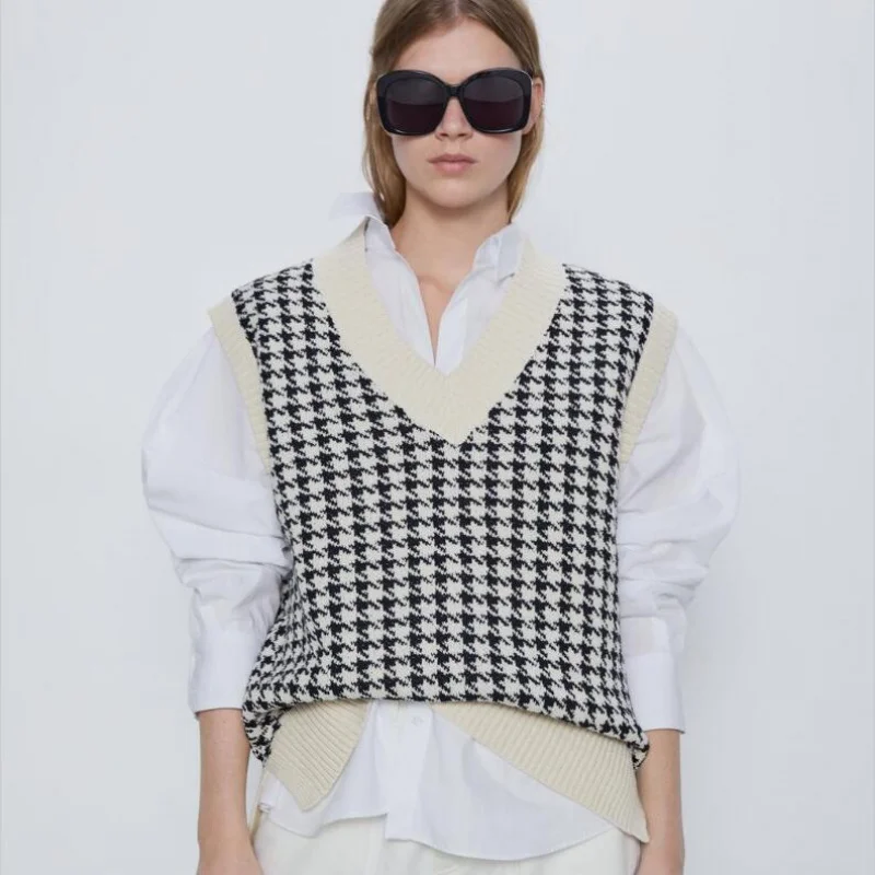 European and American New Vest Sweater 2023 Spring and Autumn Houndstooth V-neck Sleeveless Knitted Vest for Women