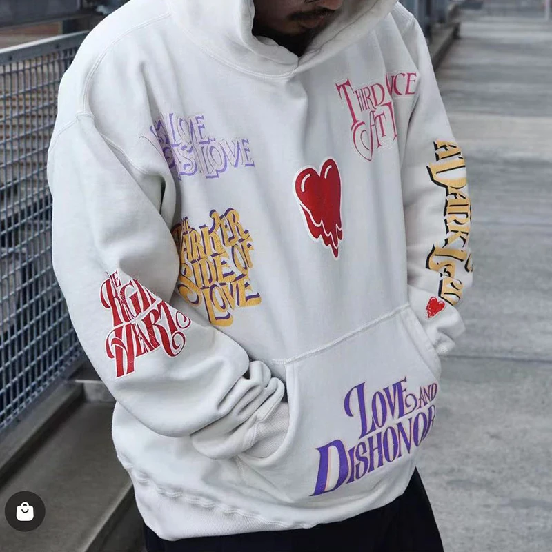

High Street EU Love Full Print Foam Fleece Hooded Sweatshirts Men and Women Retro Harajuku Hip Hop Loose Casual Pullover Hoodies