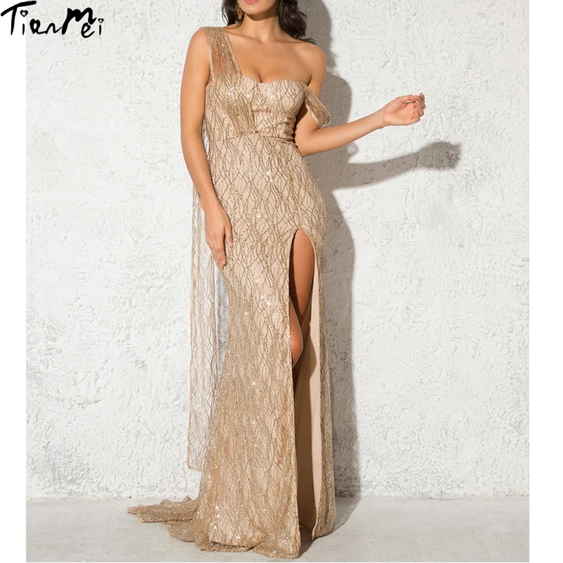 

Women Clothes One Shoulder Sequins Split Dress Deep V Neck Skirt Vestidos De Fiest bridesmaid Dresses Свадебное платье