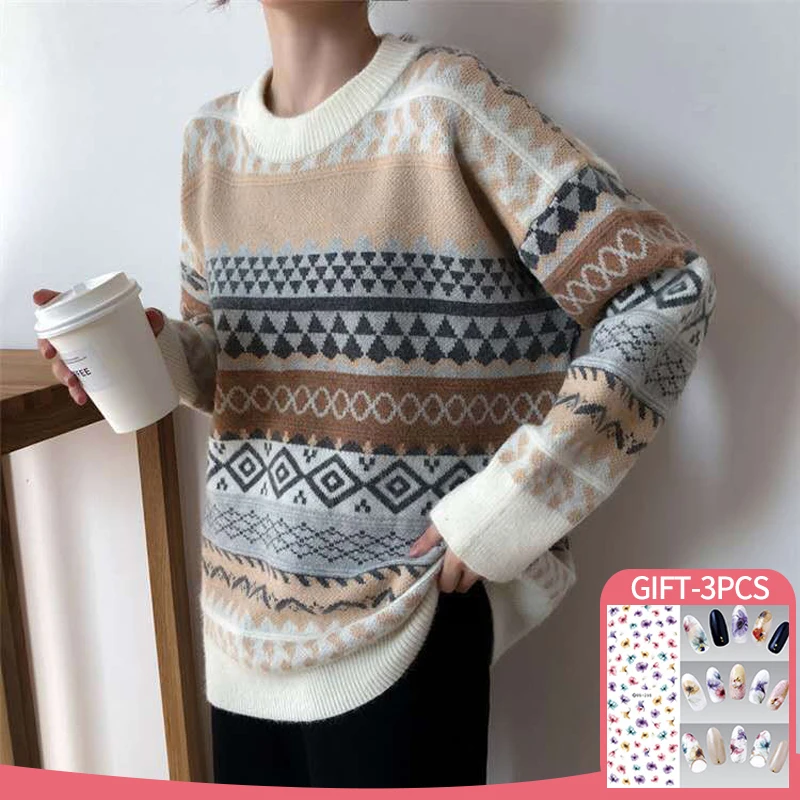 

Женский вязаный пуловер с длинным рукавом, повседневный теплый свободный джемпер в полоску, Осень-зима
