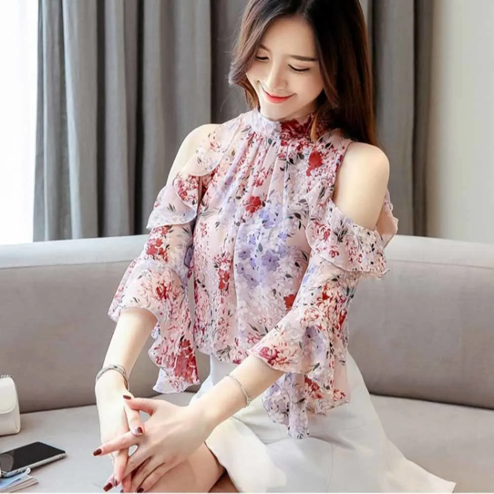 

Clothing Femme 2022 Ladies Tops Floral Chiffon Blouse for Women Tops Mujer Ruffles Butterfly Sleeve Pink Blusas