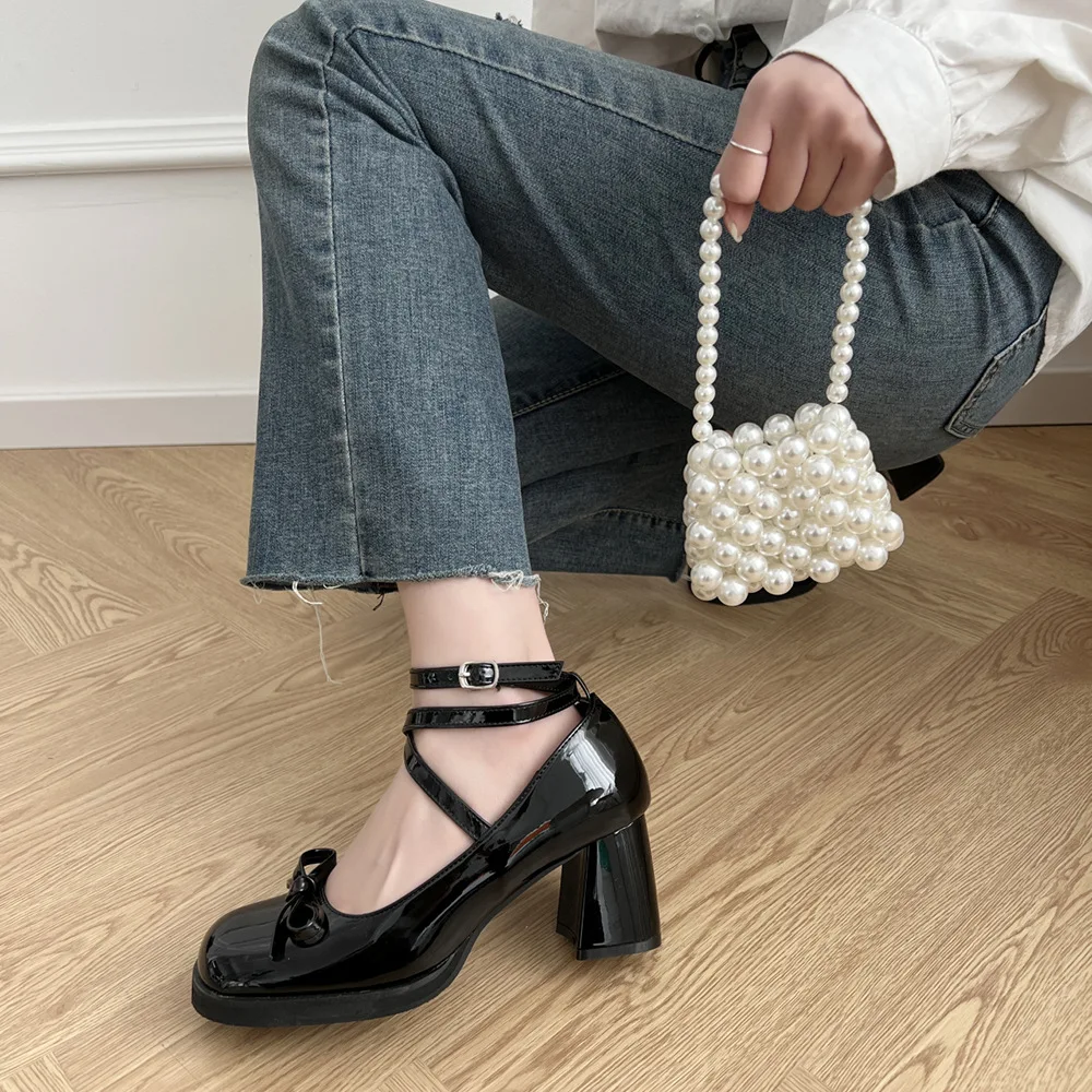 

Bow Knot Black Square Toe Pumps Women's Spring New Retro PU Leather Shoes Thick Heel Buckle High Heels Platform Heels Women