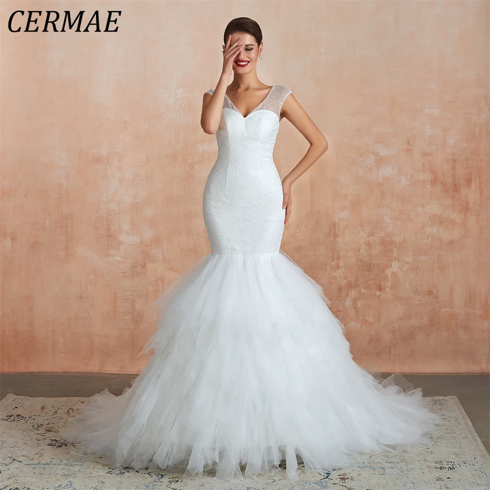 

CERMAE Mermaid Sequins Wedding Gown Prom White V-Neck Sheath Lace Up Party Dresses for Women 2023 PHOTO FACTORY PRICE