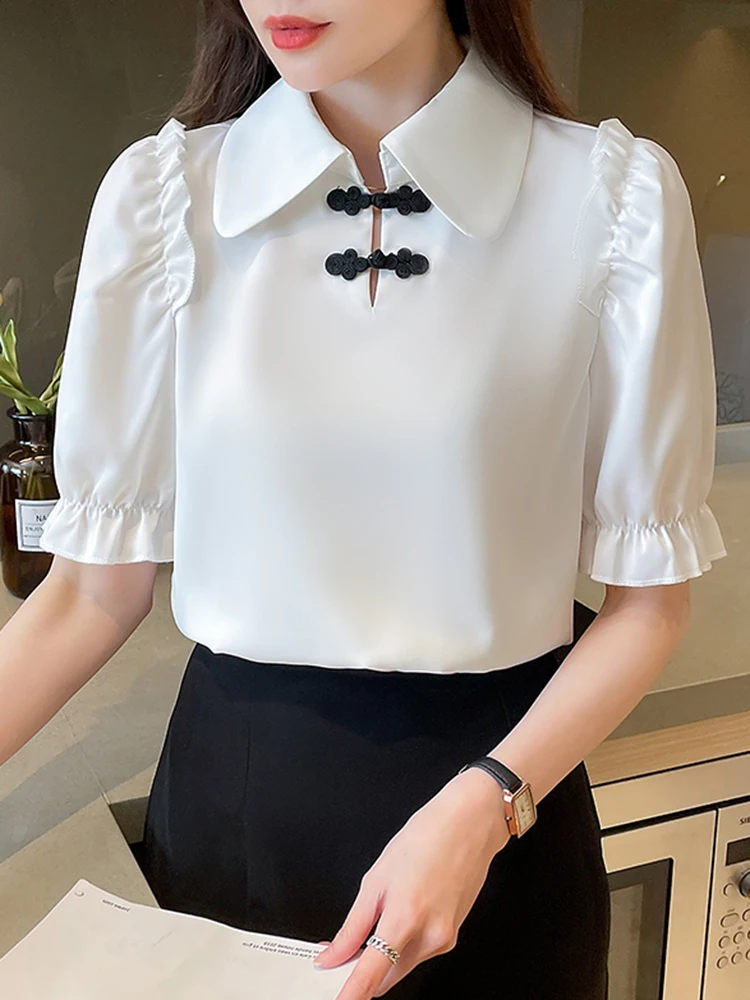 

Blouses Femme 2022 Fashion Chinese Style Shirt Women Blouse Turn-down Collar Top Summer Clothes Short Sleeve Satin Chiffon Shirt