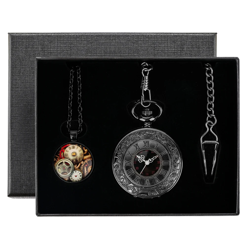 Steampunk Vintage Classic Roman Numerals Hollow Quartz Pocket Watch Sets Birthday Gifts for Men Retro Pendant Fob Chain Clock