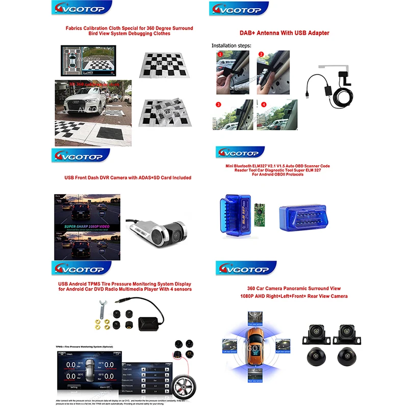 

Android Car monitor Radio accessory USB DAB+ RECEIVER HD DVR vehicle CAMERA OBD adaptor TPMS adaptor 360 camera park sensor