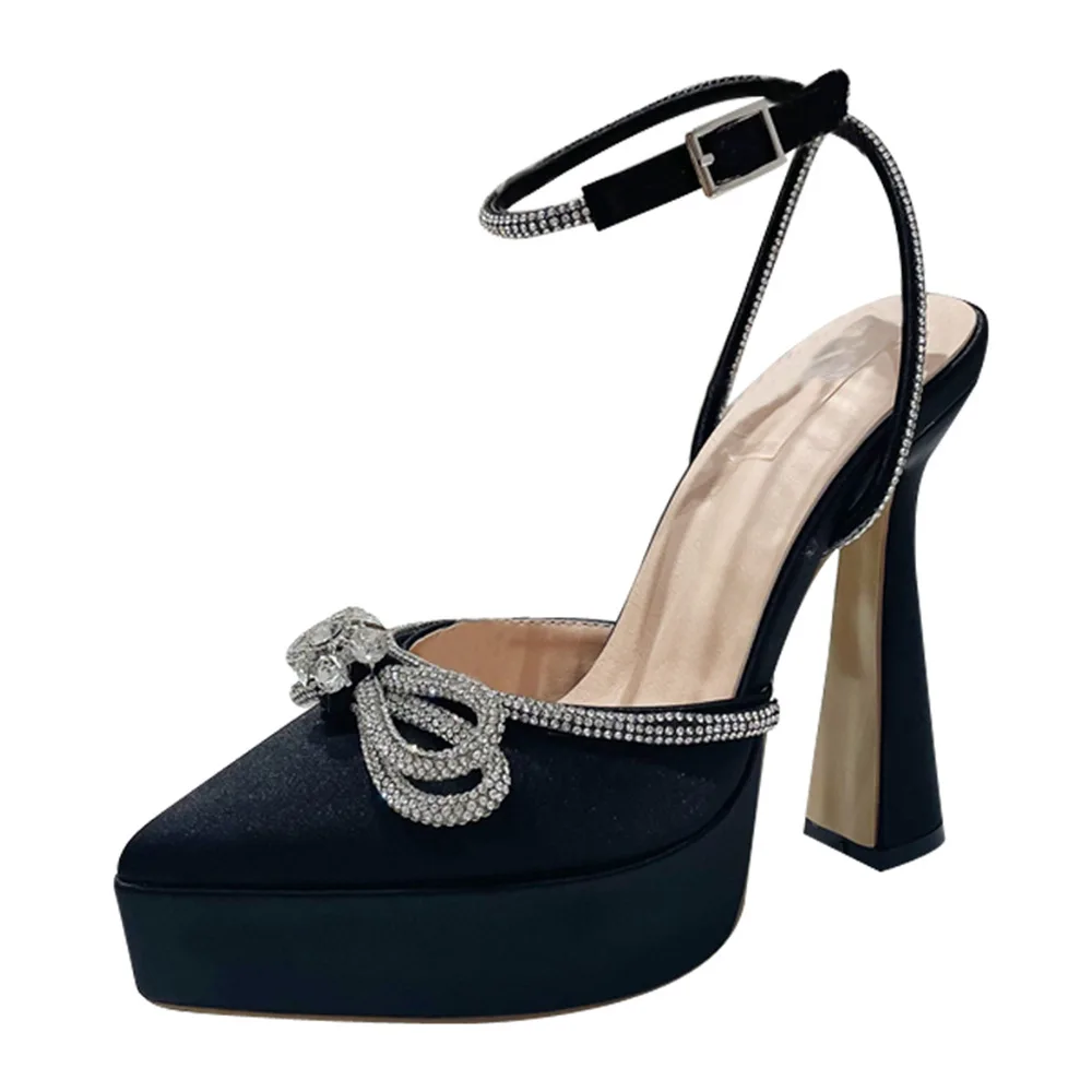 Women Pointed Toe Rhinestone Crystal Bowknot Ankle Strap Ladies Prom Footwear Sexy Platform Sandals High Thin Heels Ankle Buckle