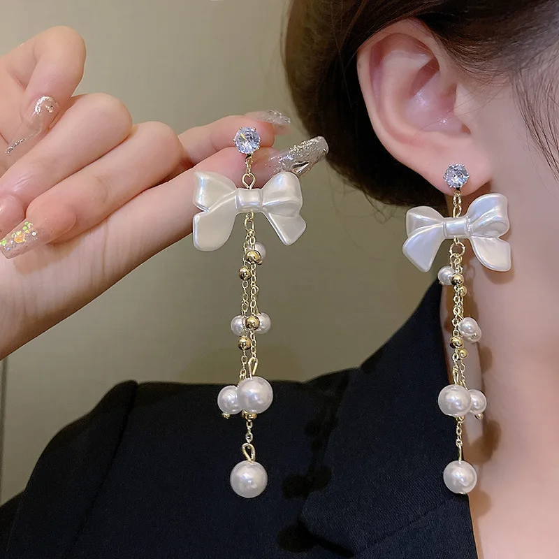 

Fashion Imitation Pearl Long Tassel Drop Earrings Korean Temperament Bow Flower Hanging Earrings for Women Wedding Jewelry Gift