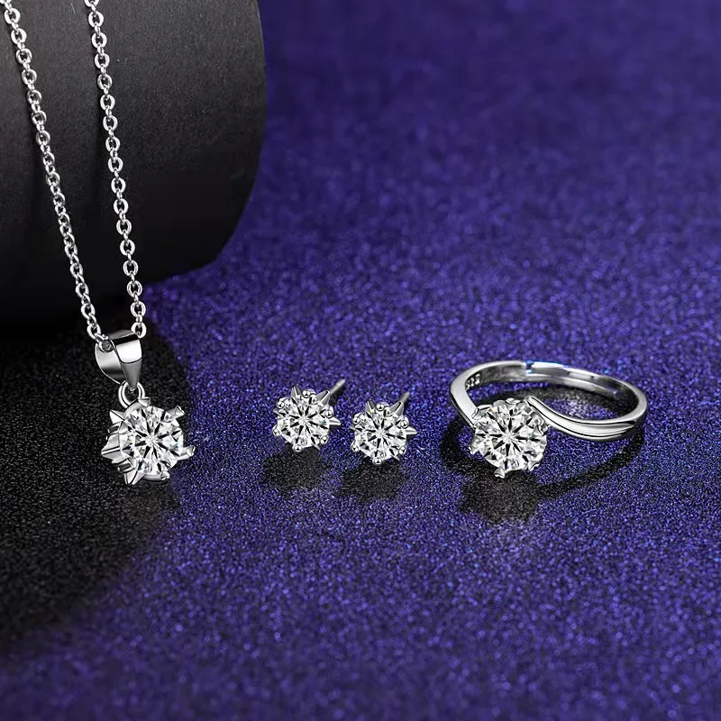 

Popular High Quality s925 Sterling Silver Snowflake Six-claw Open Ring Ladies Necklace Fashion All-match Pendant Earrings