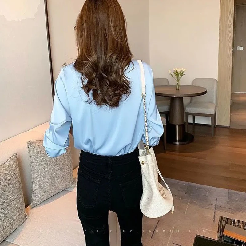 Женская шифоновая блузка в Корейском стиле элегантная однотонная универсальная