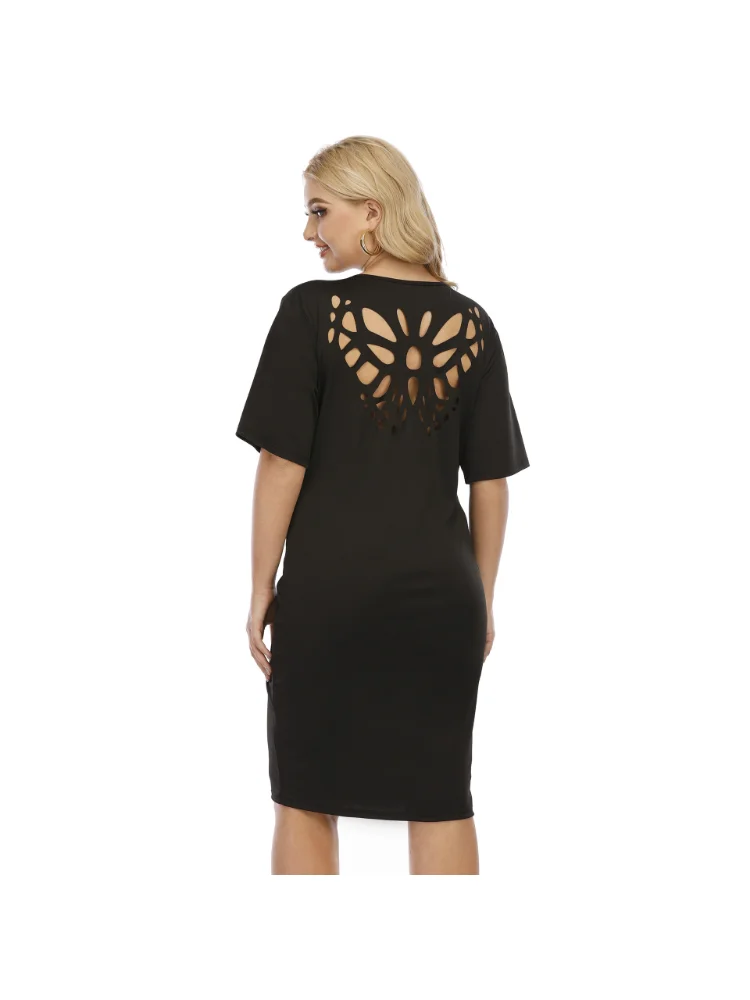 Butterfly openwork burning plus size women T-shirt short sleeve skirt simple dress plus size dresses