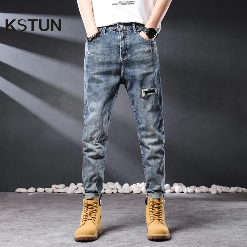 

Baggy Ripped Jeans Men Denim Harem Pants Loose Fit Retro Blue Stretch Distressed Hip Hop Wide Leg Jeans Streetwear Male Trousers