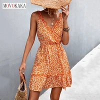movokaka women summer holiday sexy straps dress beach party casual backless slim vestidos vintage ruffles floral printed dresses