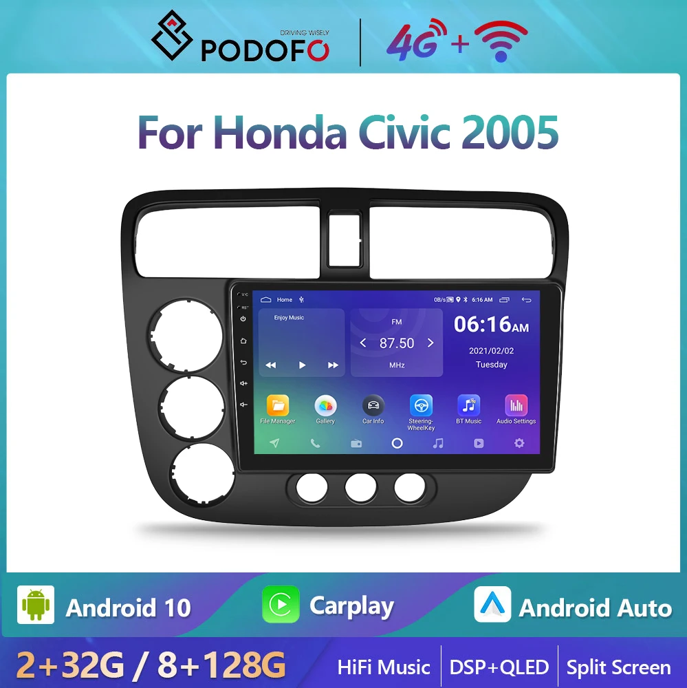 

Podofo 2 Din Android 10 Car Radio Multimidia Video Player For Honda Civic 2005 GPS Navigation 2din Carplay Auto Stereo Head Unit
