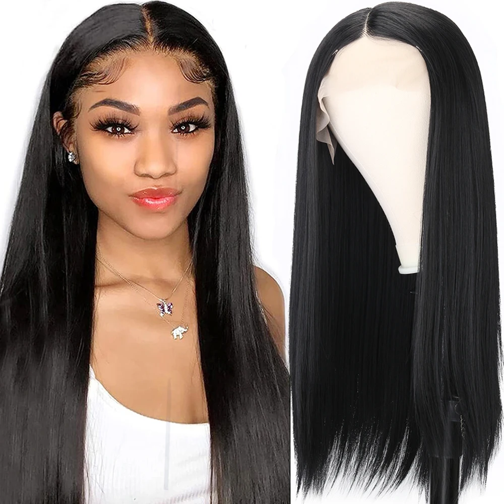 

Silky Straight Lace Front Wig T Part Synthetic Lace Front Wig For Women Burgundy Ginger Lace Wig Pre Plucked Heat Resistant Hair