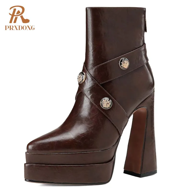 Женские ботильоны на массивном каблуке PRXDONG черные или коричневые платформе и