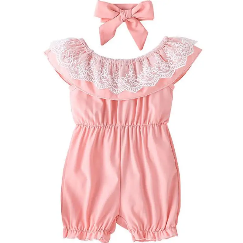 

Baby girl clothes 2022 summer cute pink newborn jumpsuit short sleeve Round neck lace Rompers+Headband 2pcs infant bebes outfits