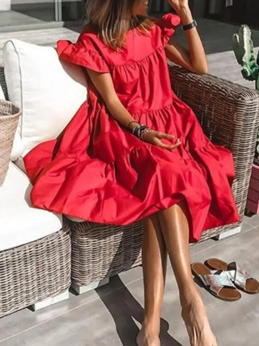 

LW Women Plain Round Neck Ruffle Design A Line Dress Pleated Short Sleeve Cotton Blending Flare-sleeve Sweet Stretch Outfits