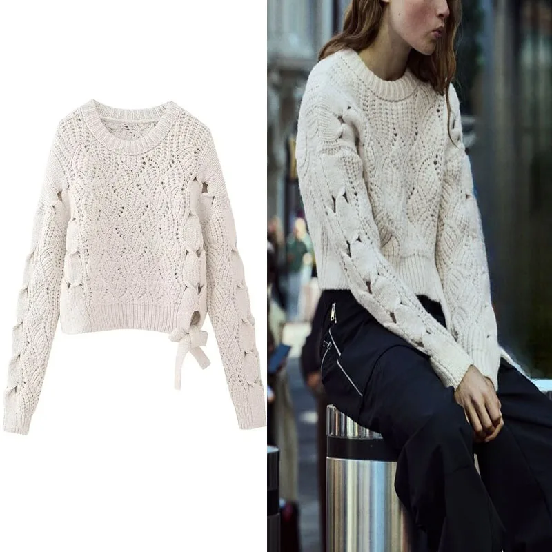 

Свитер Женский вязаный с круглым вырезом и длинными рукавами