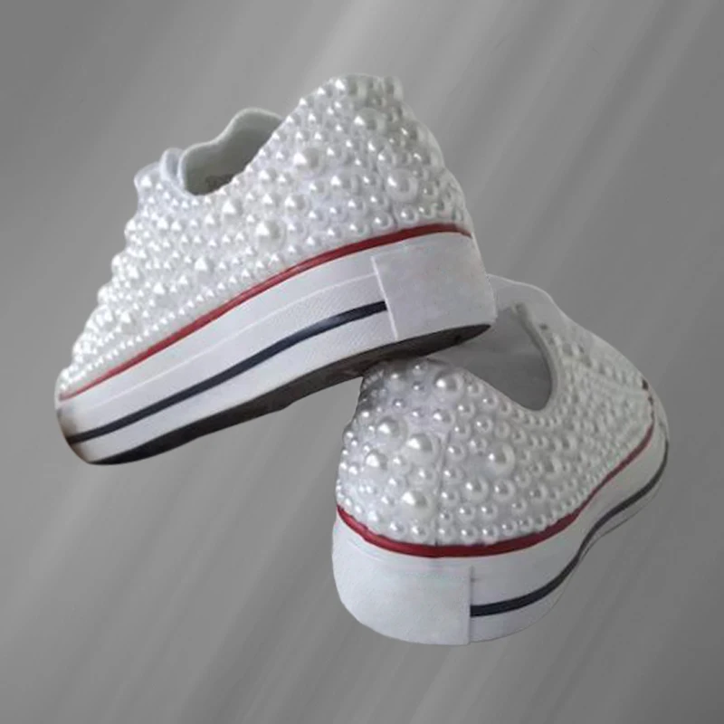 White canvas shoes pearl ribbon comfortable walking street shooting sneakers handmade pearl neutral vulcanized shoes 35-46