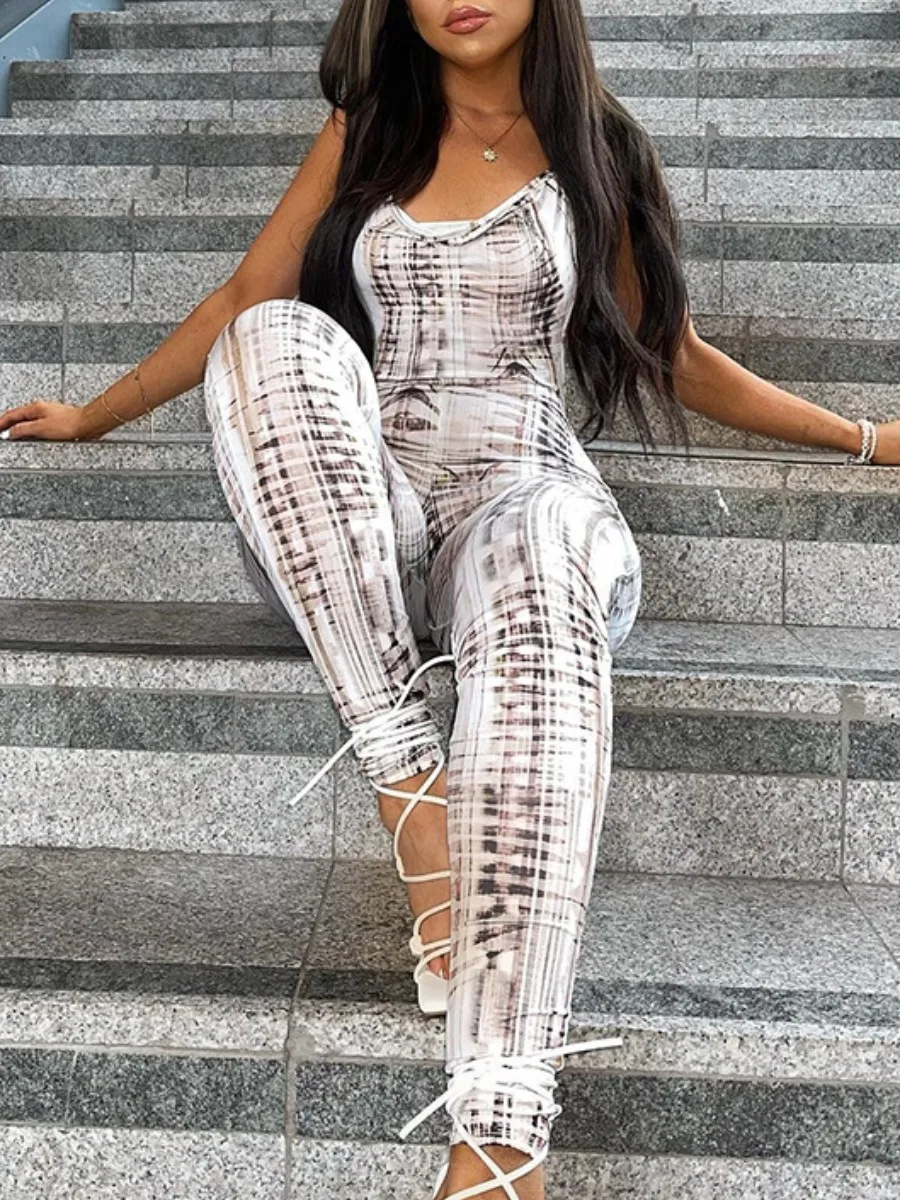 LW Plaid Print Backless Skinny Jumpsuit sexy Bodycon Halter Women Long Jumpsuits Skinny Backless Sleeveless Vacation Jumpsuits