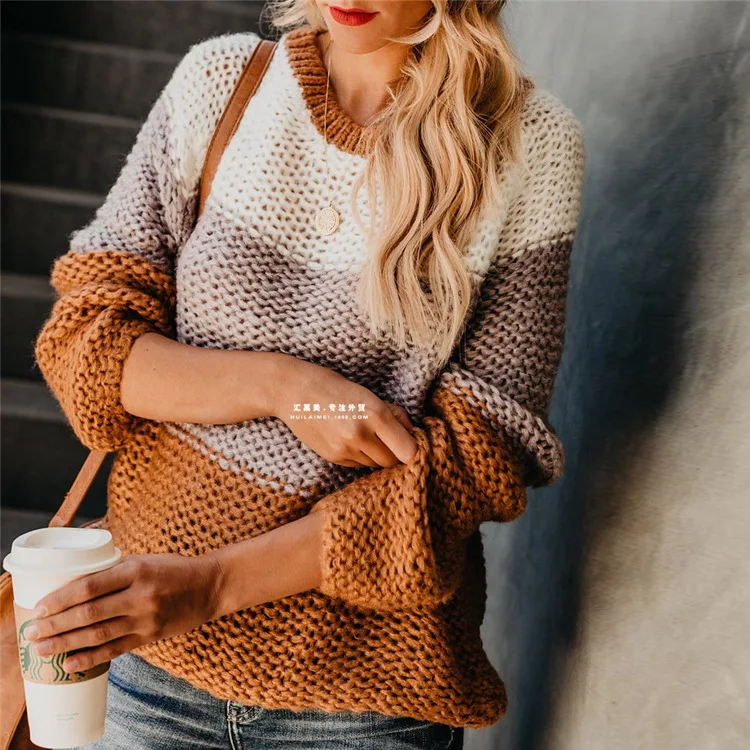 

2023 Autumn/Winter Sweater Spliced Long Sleeve Round Neck Pullover Knit for Women